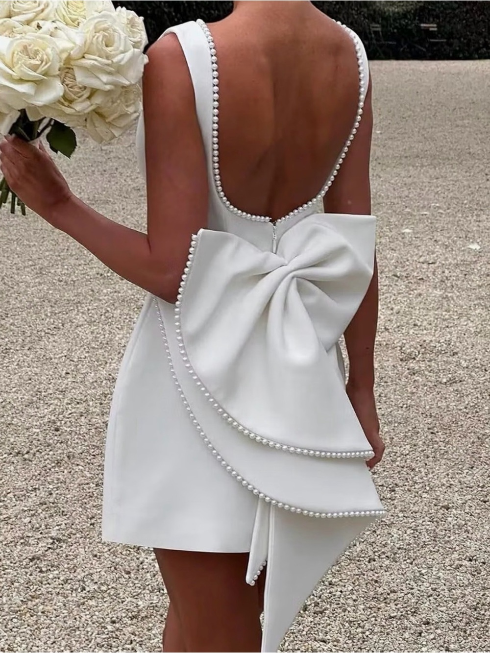 Sleeveless White Pearl-Trim Backless Bow Dress